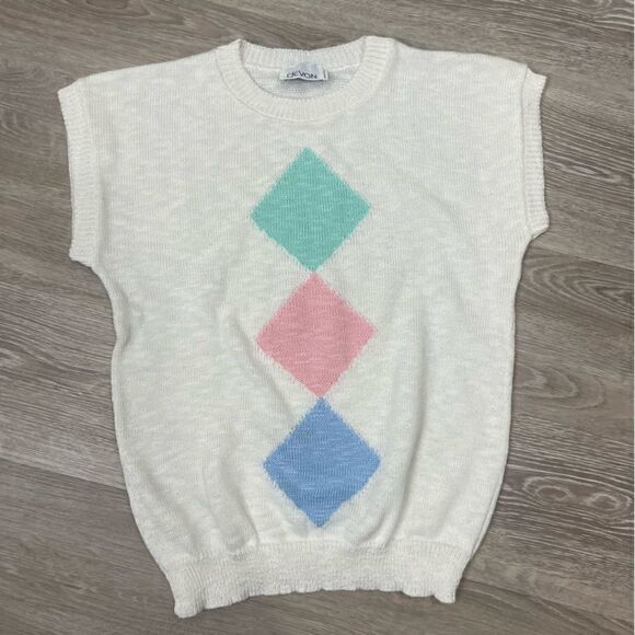 Vintage Sweaters - Vintage Devon Argyle Printed Knit Vest T-shirts Print Top Preppy School Outfit